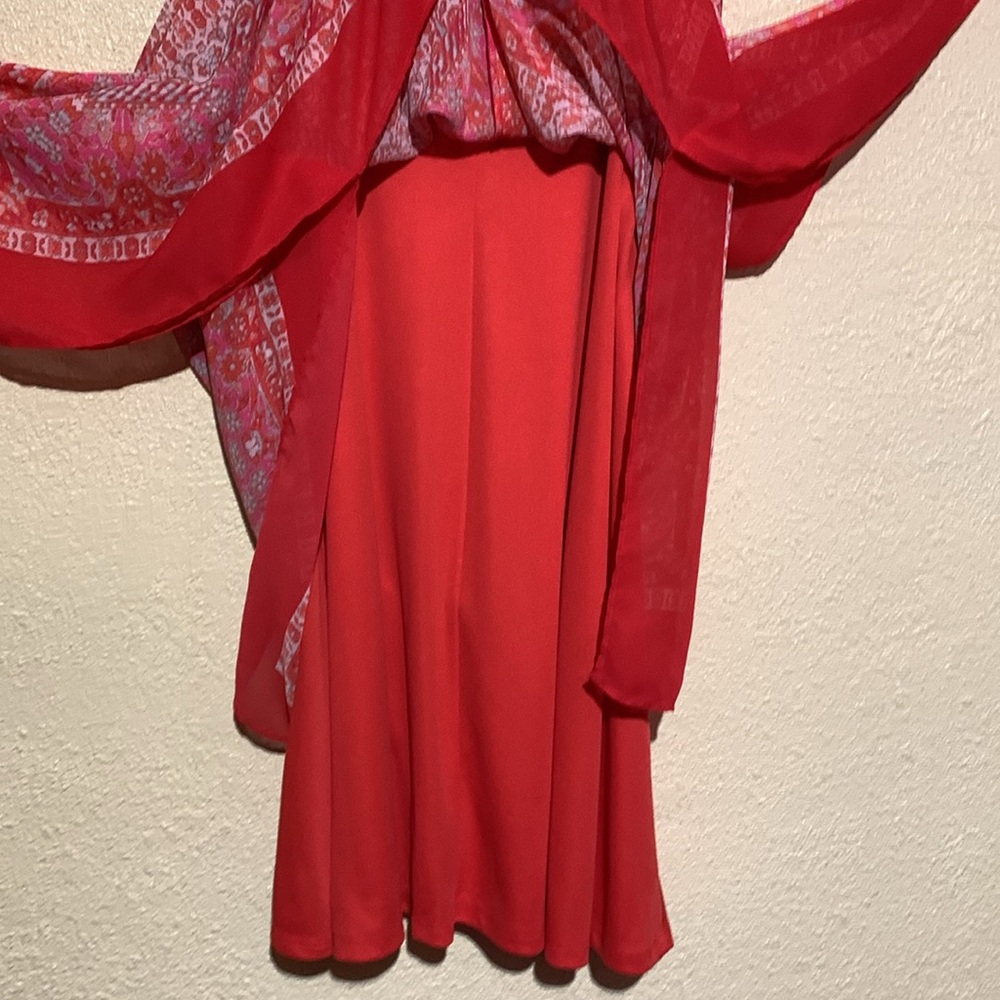 My Michelle Summer Dress XL Red Cream Floral Sleeveless Handkerchief Hem Lining - Picture 8 of 16